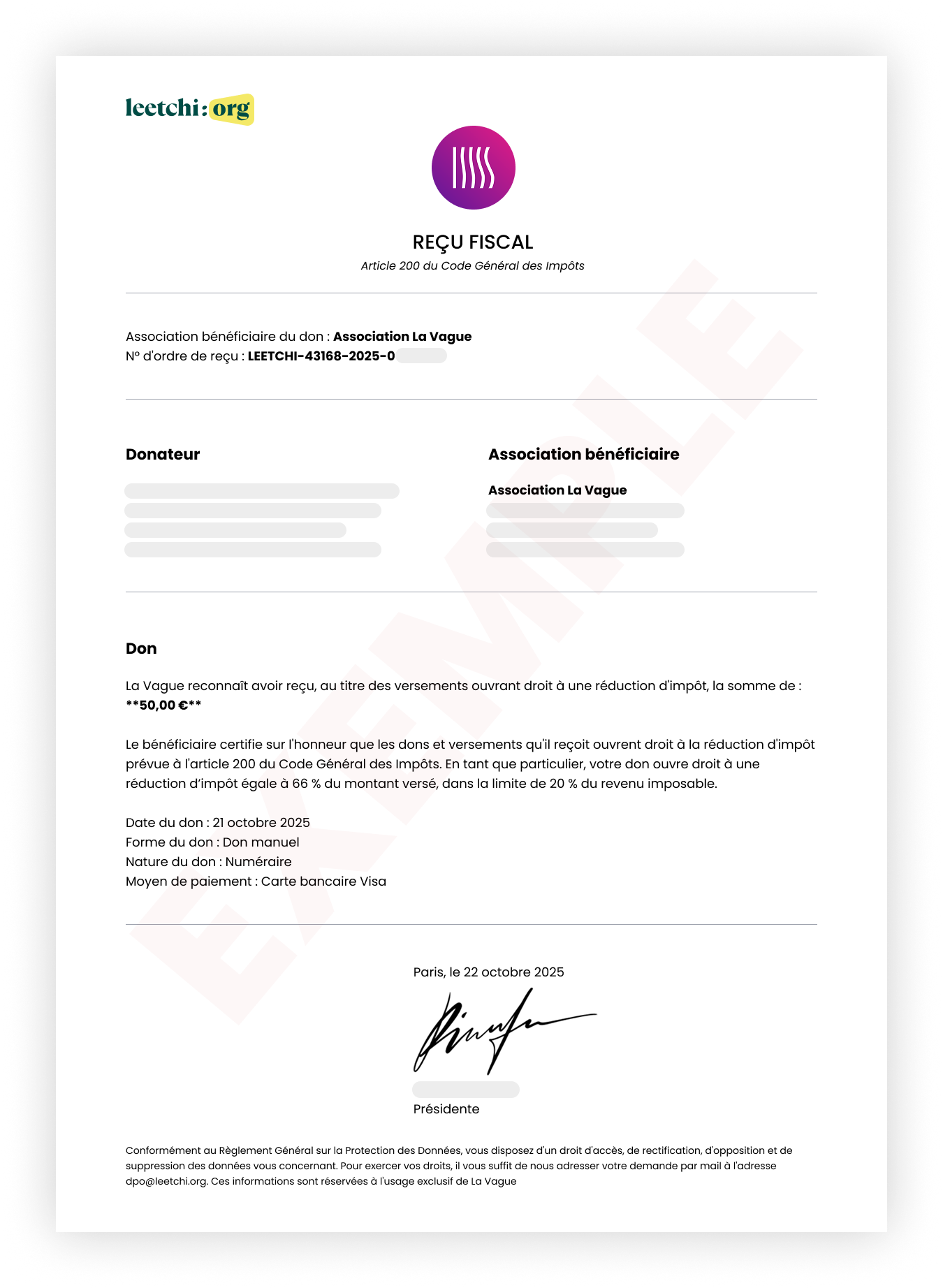 Exemple de reçu fiscal émis par Leetchi:org