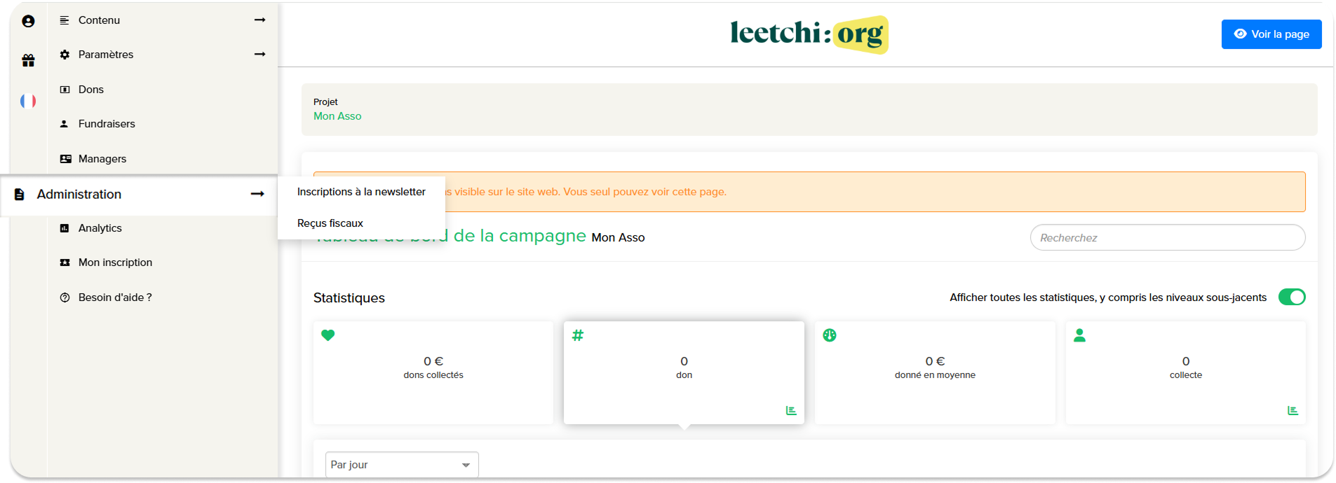 Comment accéder au menu reçus fiscaux depuis le tableau de bord Leetchi:org