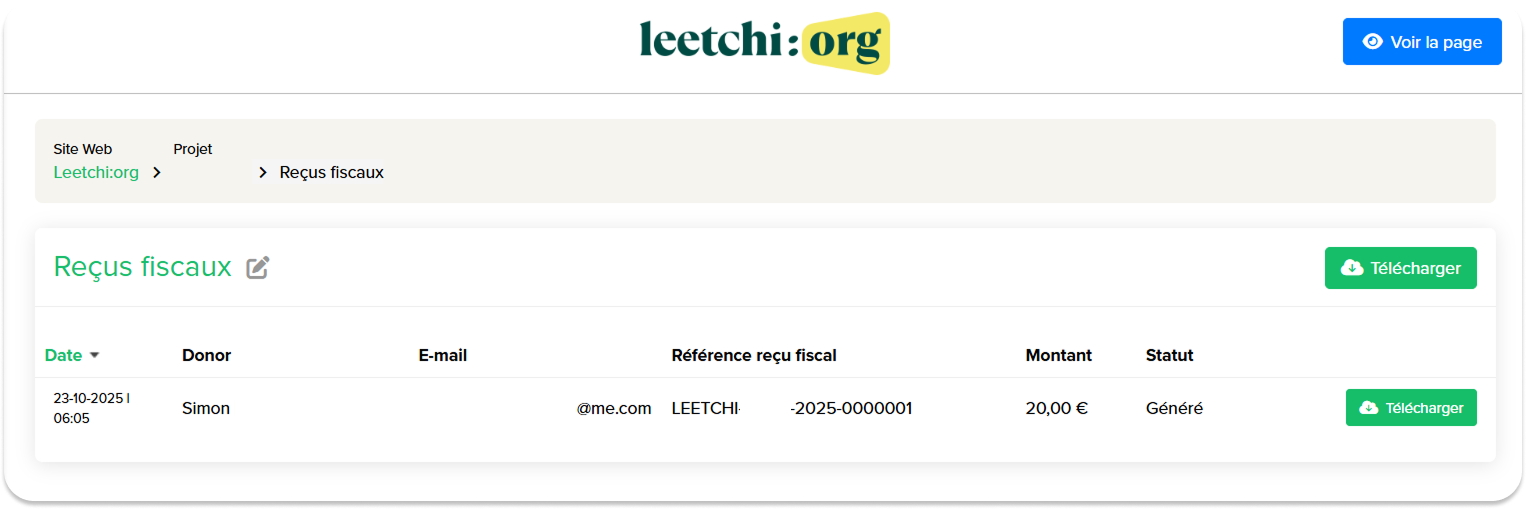 page dans le tableau de bord Leetchi:org pour consulter et télécharger les reçus Leetchi:org